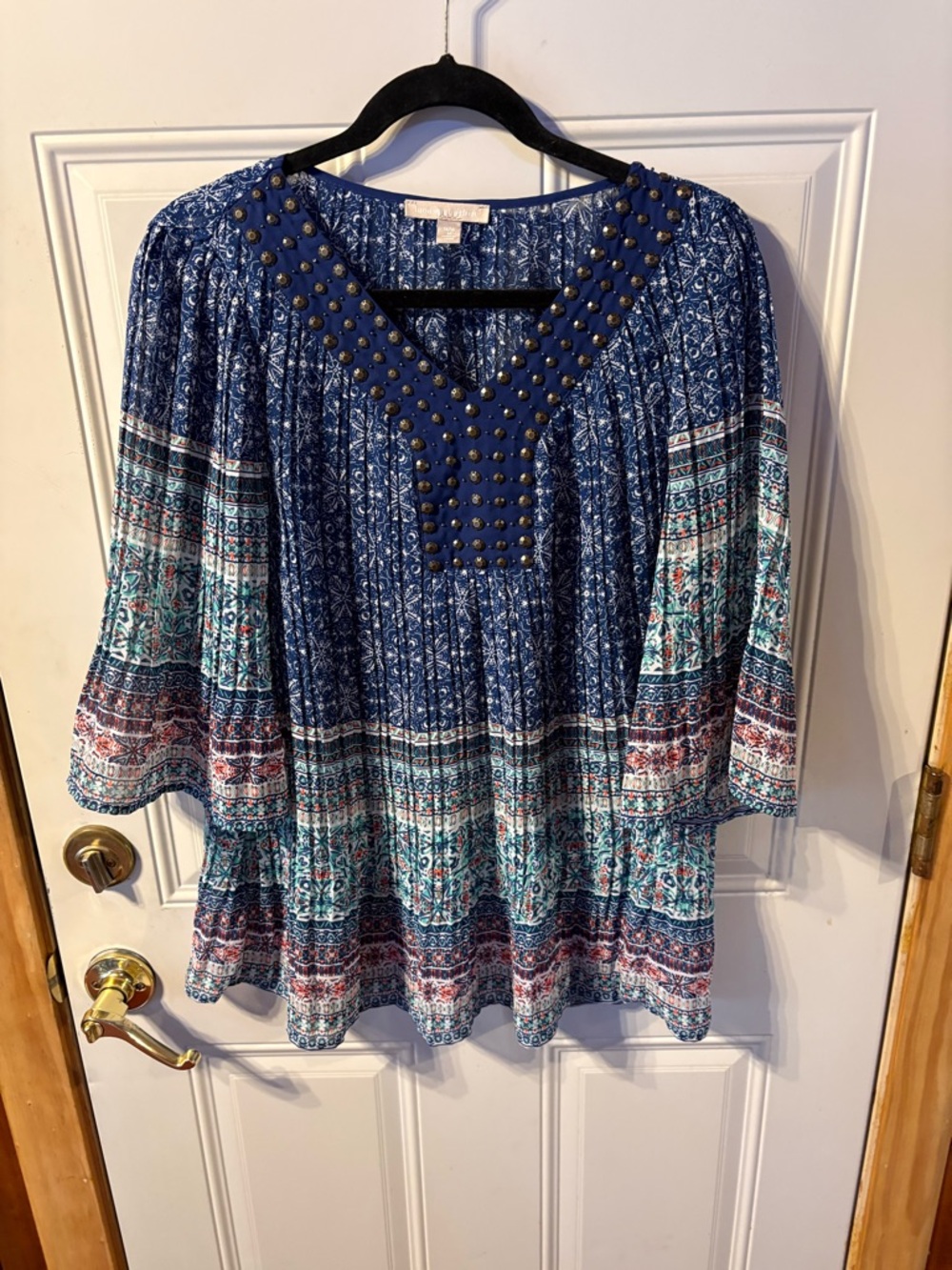Woman Within Blue Multicolor Boho Sheer Tunic with Studded V-Neck 14/16